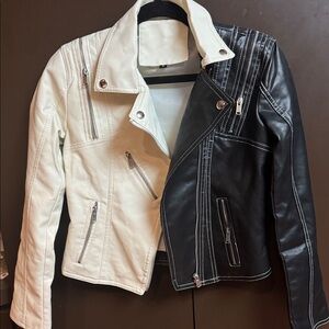SHEIN Black and Cream Leather Biker Jacket XS